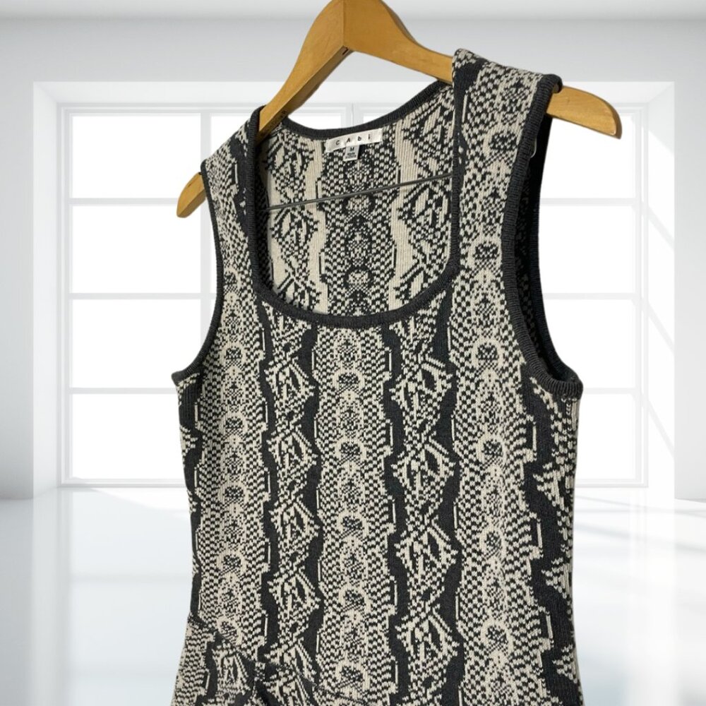 Cabi | Black Cream Geometric Knit Peplum Sleeveless Sweater Tank Top Medium - Picture 4 of 10